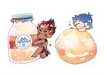  2boys :3 :d antenna_hair ash_ketchum barefoot blue_hair blush bottle brown_hair catsubun_(kkst0904) closed_eyes closed_mouth commentary dark-skinned_male dark_skin food food_on_face happy heart jewelry kiawe_(pokemon) male_focus milk_bottle moomoo_milk multiple_boys necklace open_mouth pokemon pokemon_(anime) pokemon_sm_(anime) short_hair shorts smile topless_male white_background 