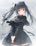  1girl bangs black_capelet black_dress black_hair capelet closed_mouth commentary_request dress eyebrows_visible_through_hair hair_between_eyes hair_bobbles hair_ornament highres kine-c long_hair long_sleeves looking_at_viewer original red_eyes sidelocks sleeves_past_wrists smile snowing solo twintails very_long_hair wide_sleeves 