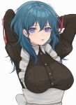  1girl arms_behind_head artist_name banned_artist blue_eyes blue_hair breasts byleth_(fire_emblem) byleth_eisner_(female) commentary_request fire_emblem fire_emblem:_three_houses hair_between_eyes highres looking_at_viewer maid medium_breasts medium_hair parted_lips shimizu_akina simple_background solo teeth twitter_username upper_body watermark white_background 
