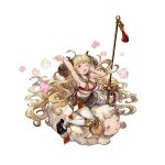  1girl anila_(granblue_fantasy) bell blonde_hair breasts draph full_body granblue_fantasy horns large_breasts long_hair midriff minaba_hideo miniskirt naginata official_art polearm riding sheep sheep_horns skirt smile solo spear stretch thigh-highs transparent_background weapon yawning zettai_ryouiki zouri 