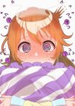  1girl ? @_@ absurdres blush close-up commentary embarrassed eyebrows_visible_through_hair highres jacket konoe_kanata long_hair looking_at_viewer love_live! love_live!_nijigasaki_high_school_idol_club messy_hair object_hug orange_hair pillow pillow_hug shiny shiny_hair solo speech_bubble steam surprised sweatdrop violet_eyes white_background yaa-kun 