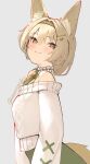  1girl arknights bangs beanstalk_(gift_uncompleted)_(arknights) blush brown_eyes brown_hair closed_mouth eyebrows_visible_through_hair hair_intakes hairband hyena_ears hyena_girl hyena_tail off_shoulder official_alternate_costume skeptycally smile solo 