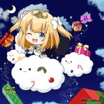  1girl ;d bangs black_gloves black_wings blonde_hair blue_eyes bow box candy candy_cane capelet christmas christmas_ornaments clouds commentary_request crescent_moon dress eyebrows_visible_through_hair food fur-trimmed_capelet fur-trimmed_sleeves fur_trim gift gift_box gloves hair_bow heart long_sleeves looking_at_viewer maaru_(shironeko_project) mismatched_wings mitya moon night night_sky one_eye_closed shironeko_project sky smile solid_circle_eyes solo star_(sky) star_(symbol) starry_sky tiara twitter_username two_side_up white_bow white_capelet white_dress white_wings wings 