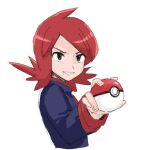  1boy black_eyes commentary_request cowlick flipped_hair holding holding_poke_ball jacket long_hair long_sleeves male_focus nanataro parted_lips poke_ball poke_ball_(basic) pokemon pokemon_(game) pokemon_hgss redhead silver_(pokemon) simple_background smile solo upper_body white_background 