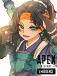  apex_legends armor bangs black_gloves black_hair blue_eyes cloud_marauder_valkyrie eyebrows_visible_through_hair eyeshadow gloves gun highres holding holding_gun holding_weapon japanese_clothes kinoko_usa looking_at_viewer makeup official_alternate_costume open_mouth orange_headband parted_bangs partially_fingerless_gloves ponytail portrait red_eyeshadow rocket_launcher salute smile two-finger_salute valkyrie_(apex_legends) weapon 