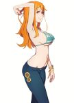  1girl arm_behind_head armpits bikini bikini_top blue_pants bracelet breasts covered_nipples jewelry large_breasts long_hair looking_at_viewer medium_breasts nami_(one_piece) navel one_piece orange_eyes orange_hair pants simple_background smile solo strap_gap swimsuit under_boob white_background zoryc 