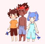  1girl 2boys :3 animal_ears ash_ketchum bangs barefoot blue_eyes blue_hair blush bright_pupils brown_eyes brown_hair brown_shorts catsubun_(kkst0904) closed_mouth commentary dark-skinned_male dark_skin freckles holding_hands kiawe_(pokemon) lana_(pokemon) multiple_boys navel no_sclera orange_shirt pokemon pokemon_(anime) pokemon_sm_(anime) shirt short_hair short_sleeves shorts smile standing t-shirt tail topless_male white_pupils 