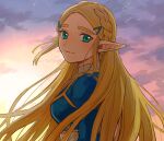  1girl aqua_eyes backlighting bangs blonde_hair blue_shirt blush braid breasts closed_mouth clouds commentary_request crown_braid from_side gradient_sky hair_ornament hairclip happy light_blush long_hair long_sleeves looking_at_viewer outdoors parted_bangs pointy_ears princess_zelda shijima_(4jima) shirt sidelocks sky small_breasts smile solo standing sunset the_legend_of_zelda the_legend_of_zelda:_breath_of_the_wild tied_hair upper_body 
