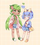  2girls :d bag bangs bespectacled blue_eyes blue_hair blush bright_pupils catsubun_(kkst0904) closed_mouth commentary dark-skinned_female dark_skin flower freckles glasses green_eyes green_hair green_shirt heart holding_hands lana_(pokemon) long_hair mallow_(pokemon) multiple_girls open_mouth pink_bag pink_flower pokemon pokemon_(anime) pokemon_sm_(anime) shirt short_hair shorts shoulder_bag smile swept_bangs teeth twintails upper_teeth white_pupils yuri 