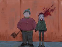  1boy 1girl beanie blood blood_splatter boots brown_hair closed_eyes coat couple different_shadow eric_cartman fat gloves green_coat hat heidi_turner highres holding_hands jacket long_hair looking_away obese red_jacket saranheyo_onigiri short_hair smile south_park 