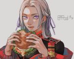  1girl absurdres avocado bangs black_jacket burger constricted_pupils eating edelgard_von_hresvelg epaulettes fatalbug896 fire_emblem fire_emblem:_three_houses food food_bite food_on_face grey_background grey_hair hair_ribbon high_collar highres holding holding_food jacket lettuce licking_lips long_hair long_sleeves looking_at_viewer multicolored_clothes multicolored_jacket nail_polish open_mouth parted_bangs parted_hair purple_ribbon red_nails ribbon sauce signature simple_background solo tomato_slice tongue tongue_out tress_ribbon two-tone_jacket upper_body violet_eyes zipper 