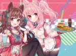  2girls :d absurdres animal_ear_fluff animal_ears apron bangs black_legwear blush braid breasts brown_eyes brown_hair dress eyebrows_visible_through_hair finger_to_cheek food hand_on_own_thigh hand_up highres holding holding_tray kawachi_rin long_hair looking_at_viewer medium_breasts multiple_girls original pink_eyes pink_hair ponytail short_dress simple_background smile thigh-highs tongue tongue_out tray two_side_up waitress 