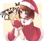  1girl alternate_costume bag bangs blush bob_cut border brown_eyes brown_hair christmas closed_mouth commentary_request gloria_(pokemon) haru_(haruxxe) hat holding holding_bag merry_christmas one-hour_drawing_challenge pokemon pokemon_(game) pokemon_swsh red_headwear red_mittens santa_hat short_hair smile solo split_mouth white_border 