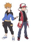  2boys baseball_cap black_pants black_shirt black_wristband blue_jacket blue_oak brown_eyes brown_hair closed_mouth coat commentary_request full_body hat highres jacket jewelry korean_commentary male_focus multiple_boys necklace official_alternate_costume open_clothes open_coat pants pokemon pokemon_(game) pokemon_masters_ex red_(pokemon) red_coat redlhzz shirt shoes short_hair sleeveless_coat sleeves_past_elbows smile spiky_hair standing white_footwear wristband zipper_pull_tab 