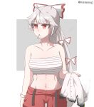  1girl artist_name bangs bare_shoulders bow breasts buttons chest_sarashi cigarette closed_mouth collarbone eyebrows_visible_through_hair eyes_visible_through_hair fujiwara_no_mokou grey_background hand_up highres long_hair looking_to_the_side mata_(matasoup) medium_breasts multicolored_bow navel pants red_bow red_eyes red_pants sarashi shirt short_sleeves silver_hair simple_background solo standing stomach touhou white_background white_bow white_shirt 