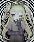  1girl animal_ears arms_on_knees bangs black_blood blood brown_shirt cat_ears fang green_hair hand_on_own_face hypnosis long_hair looking_at_viewer mind_control narrowed_eyes open_mouth original pale_skin ro47 shirt simple_background sitting solo striped_sleeves violet_eyes 