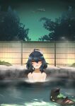  1girl ahoge bangs black_hair closed_eyes commentary dragapult dreepy facing_viewer fence grass hair_between_eyes hex_maniac_(pokemon) highres john_(a2556349) medium_hair night nude onsen outdoors partially_submerged pokemon pokemon_(creature) rayquaza solo steam towel towel_on_head water 