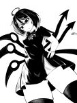  1girl absurdres ahoge asymmetrical_wings bangs bow bowtie dress from_below hand_on_hip highres houjuu_nue monochrome nuekane open_mouth panties short_hair short_sleeves simple_background snake solo standing thigh-highs touhou underwear wings 