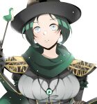  1girl absurdres apex_legends arm_strap armor bangs belt blush breasts earrings emerald_enchantress_wraith green_eyes green_scarf green_skirt grey_belt hat head_tilt highres holding holding_wand jewelry juliet_sleeves long_sleeves looking_at_viewer medium_breasts necklace nessie_(respawn) parted_lips pauldrons puffy_sleeves sakuratsuki_(sa_0727_) scarf shoulder_armor skirt solo wand white_background witch witch_hat wraith_(apex_legends) 