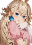  1girl bangs blonde_hair blue_eyes blush breasts earrings elbow_gloves eyebrows_visible_through_hair from_side gloves hand_up highres jewelry lips long_hair looking_at_viewer looking_to_the_side parted_lips pink_shirt princess_peach puffy_short_sleeves puffy_sleeves ring ryota_(ry_o_ta) shirt short_sleeves signature simple_background smile solo super_mario_bros. upper_body white_background white_gloves 