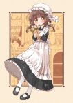  1girl alternate_costume black_footwear blush bouquet brown_hair dress enmaided eyebrows_visible_through_hair highres kitchen maid mary_janes monochrome_background neko_satou pinafore_dress shoes vase victorian_maid white_legwear yellow_eyes 