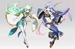  2girls absurdres aqua_hair blue_hair character_request fate/grand_order fate_(series) hand_fan highres holding holding_fan horns japanese_clothes kiyohime_(fate) lamian_(pixiv415608) long_hair midriff multiple_girls paper_fan sandals sash single_horn smile strapless thigh-highs tube_top white_legwear yellow_eyes 