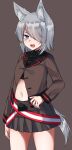  1girl absurdres animal_ears blue_eyes hair_over_one_eye highres kurousagi_tetora long_sleeves looking_at_viewer midriff navel open_clothes open_shirt original partially_unbuttoned pleated_skirt short_hair silver_hair skirt tail wolf_ears wolf_tail 
