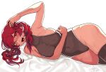  1girl :d absurdres arm_under_breasts arm_up armpits artist_name bare_arms bare_shoulders bed_sheet black_legwear black_leotard breasts fang heterochromia highres hololive houshou_marine large_breasts leotard lion_rion long_hair looking_at_viewer lying on_side open_mouth red_eyes redhead simple_background smile solo sweat thigh-highs twintails virtual_youtuber white_background wide_hips yellow_eyes 