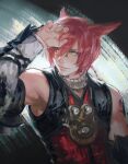  1boy animal_ears arm_tattoo arm_up bangs bare_shoulders cat_ears collar facial_mark final_fantasy final_fantasy_xiv frischenq g&#039;raha_tia green_eyes heterochromia looking_back male_focus miqo&#039;te neck_tattoo red_eyes red_shirt redhead shirt short_hair sleeveless sleeveless_shirt smile solo swept_bangs tattoo upper_body vambraces white_collar 