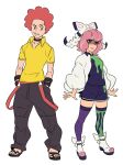  1boy 1girl afro asymmetrical_legwear baggy_pants black_choker brown_eyes brown_pants choker collared_shirt commentary_request eyeshadow flint_(pokemon) full_body fur_jacket grin hands_in_pockets highres jacket klara_(pokemon) korean_commentary makeup mismatched_legwear mole mole_under_mouth pants pink_eyeshadow pink_hair pink_lips pokemon pokemon_(game) pokemon_dppt pokemon_swsh redhead redlhzz sandals shirt shoes short_hair short_sleeves shorts smile standing thigh-highs toes white_jacket yellow_shirt 