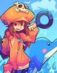  1girl :d absurdres anchor animal backpack bacun bag blue_background blush_stickers cowboy_shot dolphin guilty_gear guilty_gear_strive hat highres holding holding_weapon long_hair looking_at_viewer may_(guilty_gear) mr._dolphin_(guilty_gear) open_mouth orange_eyes orange_headwear signature simple_background skull_and_crossbones smile solo_focus standing teeth water weapon 
