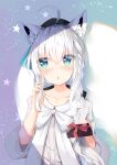  1girl :&lt; ahoge animal_ear_fluff animal_ears aqua_eyes bangs black_headwear blush bow_dress braid collarbone dress eyebrows_visible_through_hair gift hair_between_eyes highres holding holding_gift hololive looking_at_viewer lr_(last_remote_514) medium_hair shirakami_fubuki side_braid simple_background solo star_(symbol) valentine virtual_youtuber white_dress 