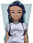  1girl black_hair blue_eyes blue_hair breasts closed_mouth commentary_request dark-skinned_female dark_skin earrings echizen_(n_fns17) eyelashes grey_shirt hair_bun highres hoop_earrings jewelry long_hair multicolored_hair necklace nessa_(pokemon) pokemon pokemon_(game) pokemon_swsh shirt short_sleeves smile solo t-shirt two-tone_hair upper_body 