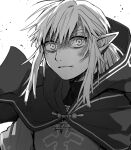  1boy bangs cape closed_mouth commentary_request greyscale hair_tie hood hood_down hooded_cape link looking_at_viewer male_focus monochrome pointy_ears ponytail scratches shijima_(4jima) shirt short_hair sidelocks simple_background sketch solo the_legend_of_zelda the_legend_of_zelda:_breath_of_the_wild tied_hair upper_body white_background wide-eyed 