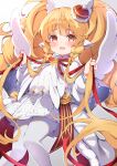  1girl :d animal_ears bangs blonde_hair blush braid commentary_request crown dress eyebrows_visible_through_hair feet_out_of_frame gradient gradient_background granblue_fantasy grey_background highres knees_together_feet_apart long_hair long_sleeves looking_at_viewer mahira_(granblue_fantasy) mini_crown pantyhose pilokey puffy_long_sleeves puffy_sleeves red_eyes smile solo tilted_headwear twin_braids twintails very_long_hair white_background white_dress white_legwear 