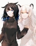 2girls animal_ears arknights bangs black_hair black_sweater blue_eyes blue_hair blunt_bangs blush braid casual cat_ears cat_girl english_commentary grey_eyes gupipy hand_on_another&#039;s_shoulder highres holding_another&#039;s_arm kjera_(arknights) long_hair multicolored_hair multiple_girls parted_lips pramanix_(arknights) short_hair signature sweater turtleneck turtleneck_sweater twin_braids white_hair white_sweater 