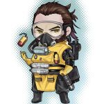  1boy animification apex_legends beard black_footwear boots brown_hair caustic_(apex_legends) chibi clenched_hand facial_hair gas_mask gloves goggles hair_behind_ear looking_at_viewer looking_to_the_side mask nagitofuu smoke_grenade solo standing yellow_gloves 