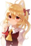  1girl animal_ears ascot bangs blonde_hair blush bow breasts buttons cat_ears closed_mouth collar collared_shirt eyebrows_visible_through_hair eyes_visible_through_hair flandre_scarlet hair_between_eyes hair_bow hand_up highres light looking_at_viewer medium_breasts no_hat no_headwear no_wings one_side_up puffy_short_sleeves puffy_sleeves red_bow red_eyes red_vest shirt short_hair short_sleeves simple_background smile solo touhou tsuyuji_shigure vest white_background white_shirt wrist_cuffs yellow_ascot 