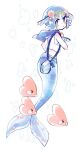  1girl :o air_bubble bead_bracelet beads blue_eyes blue_hair blue_sailor_collar blush bracelet bright_pupils bubble catsubun_(kkst0904) commentary freckles hairband hand_up jewelry lana_(pokemon) looking_at_viewer looking_back luvdisc mermaid monster_girl pokemon pokemon_(anime) pokemon_(creature) pokemon_sm_(anime) sailor_collar shell_hair_ornament shirt short_hair sleeveless sleeveless_shirt white_pupils white_shirt yellow_hairband 