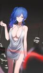  1girl azur_lane bag bangs bare_shoulders blue_hair blurry blurry_background blurry_foreground breasts commentary dress eyebrows_visible_through_hair glint gnns gradient_hair hair_between_eyes hair_ornament handbag highres holding holding_bag jewelry large_breasts lipstick looking_at_viewer makeup multicolored_hair necklace night night_sky no_bra official_alternate_costume one_eye_closed outdoors side_ponytail silver_dress sky sleeveless sleeveless_dress solo st._louis_(azur_lane) st._louis_(luxurious_wheels)_(azur_lane) standing thighs 