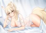  1girl animal_ear_fluff animal_ears arknights bangs blonde_hair blush breasts collarbone commentary cowboy_shot eyebrows_visible_through_hair gigamessy hair_between_eyes hand_up horse_ears large_breasts long_hair looking_at_viewer nearl_(arknights) panties pillow shirt smile solo tail thighs underwear white_panties white_shirt yellow_eyes 
