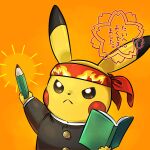  :&lt; black_jacket book brown_eyes closed_mouth clothed_pokemon commentary_request flame_print frown headband highres holding holding_book holding_pencil jacket long_sleeves looking_up orange_background pencil pikachu pkpokopoko3 pokemon red_headband shirt translation_request upper_body white_shirt 