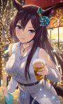  1girl animal_ears black_hair breasts casual commentary_request cup hair_between_eyes hair_ornament highres horse_ears horse_girl jewelry long_hair looking_at_viewer m.a.y. medium_breasts mejiro_dober_(umamusume) necklace night open_mouth solo umamusume violet_eyes 