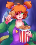  1girl alternate_universe bucket bucket_of_chicken food friday_night_funkin&#039; friday_night_funkin&#039;_d-sides fried_chicken girlfriend_(friday_night_funkin&#039;) green_eyes green_jacket holding holding_food jacket lilista looking_at_viewer necklace orange_hair purple_shirt shirt smile solo twintails wink 