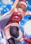  1girl armpits arms_up bangs belt black_legwear blurry blurry_background boots breasts christmas dress eyebrows_visible_through_hair gloves hair_ornament hat highres higuchi_madoka idolmaster idolmaster_shiny_colors knee_boots koya_(koya_x_00) light_blush lipstick looking_at_viewer makeup medium_breasts mole mole_under_eye outdoors panties pantyshot red_dress red_eyes red_footwear red_gloves red_headwear red_panties redhead sack santa_costume santa_dress santa_hat short_hair signature sleeveless sleeveless_dress snow snowflakes solo strapless strapless_dress thigh-highs underwear x_hair_ornament 