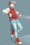  1boy alternate_costume baseball_cap brown_eyes brown_hair buttons closed_mouth commentary_request denim hat jacket jeans leaning_back leg_up long_sleeves male_focus pants pokemon pokemon_(game) pokemon_frlg pumpkinpan red_(pokemon) red_headwear shoes short_hair solo standing 