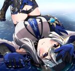  1girl b-shi blue_gloves blue_hair blue_necktie blush breasts eula_(genshin_impact) genshin_impact gloves hairband large_breasts long_sleeves looking_at_viewer lying necktie on_back smile thigh-highs thigh_strap thighs vambraces vision_(genshin_impact) water wet 