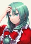  1girl arm_up bangs bow closed_mouth collar collared_shirt dress eyebrows_visible_through_hair frills green_eyes green_hair hair_between_eyes hair_bow hand_on_own_head hand_up highres kageharu kagiyama_hina long_hair looking_to_the_side no_headwear puffy_short_sleeves puffy_sleeves red_bow red_dress shirt short_sleeves simple_background solo touhou upper_body yellow_background 