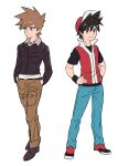  2boys bangs baseball_cap belt belt_buckle black_hair black_wristband blue_oak brown_footwear brown_hair brown_pants buckle closed_mouth commentary_request full_body hands_in_pockets hat highres jacket jewelry korean_commentary long_sleeves male_focus multiple_boys necklace pants pokemon pokemon_adventures red_(pokemon) red_headwear redlhzz shirt shoes short_hair short_sleeves smile spiky_hair standing 
