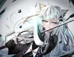  1girl :p animal_ears arknights black_gloves black_jacket dual_wielding eyebrows_visible_through_hair fang gloves hair_between_eyes hair_ornament hairclip highres holding holding_sword holding_weapon jacket lappland_(arknights) long_hair long_sleeves looking_at_viewer s_vileblood scar scar_across_eye scar_on_face shiny silver_hair skin_fang solo sword tongue tongue_out weapon wolf_ears wolf_girl 